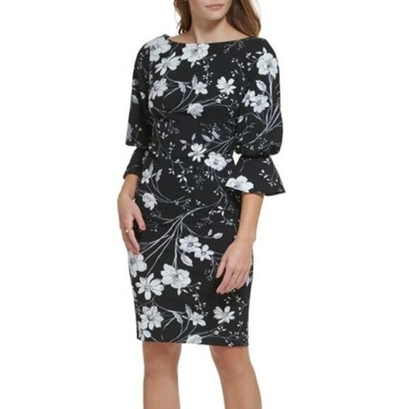 Calvin Klein Floral Dress Bell Cuff Sheath Bateau Neck Black White NWT 6 - Picture 1 of 9